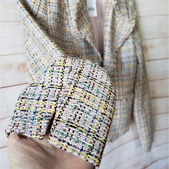 LOFT Frayed Edge Tweed Woven Lined Open Front Jacket with Pockets Women's Size 4 - Picture 5 of 10